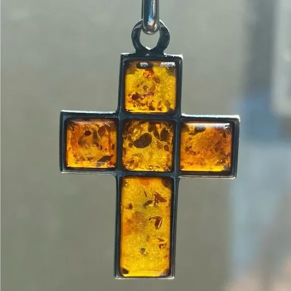 Vtg Estate Art Deco Sterling Silver Amber cross pendant and silver chain 925 - Picture 1 of 7